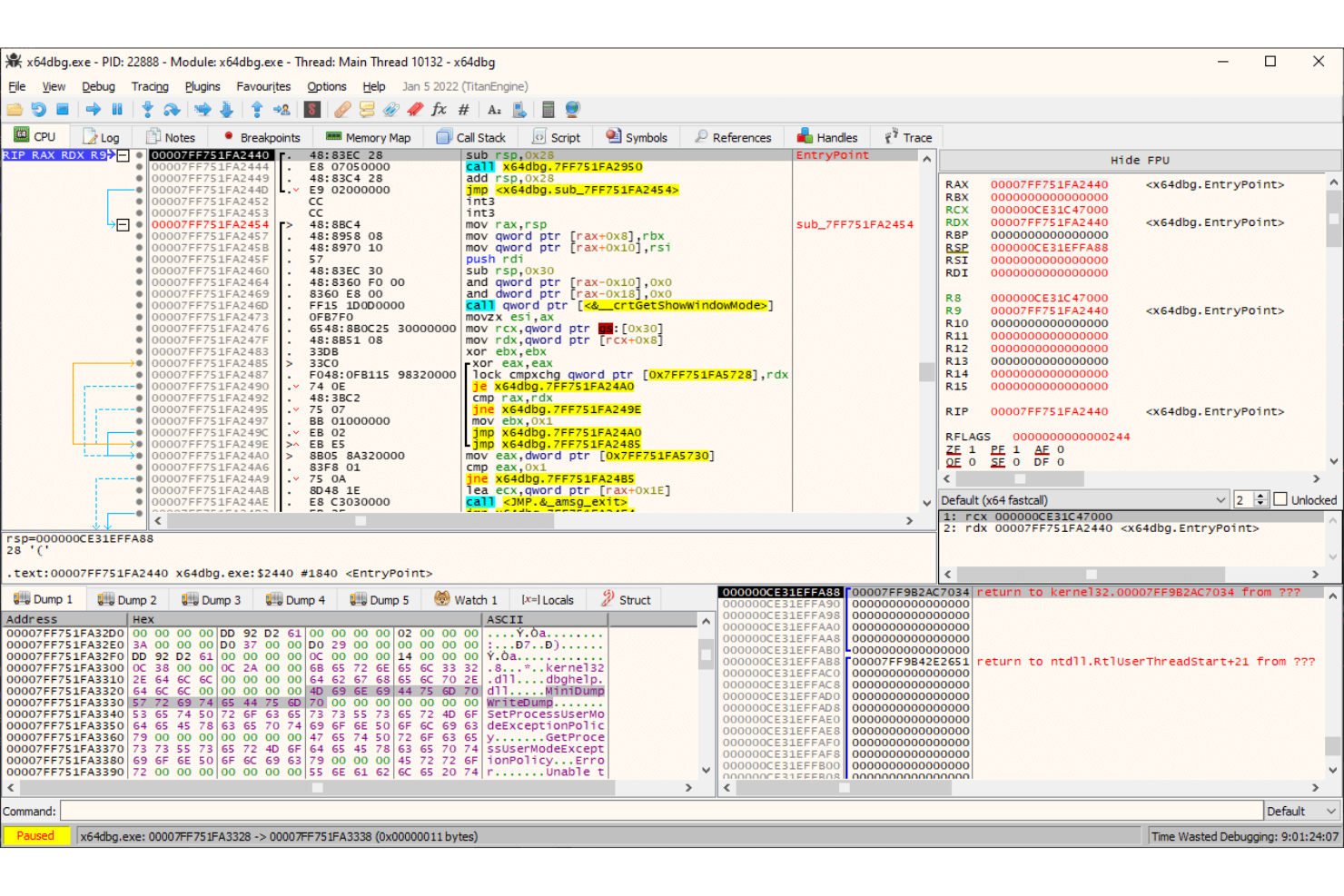 x64dbg screenshot - 10 meilleures alternatives à IDA Pro testées en 2026
