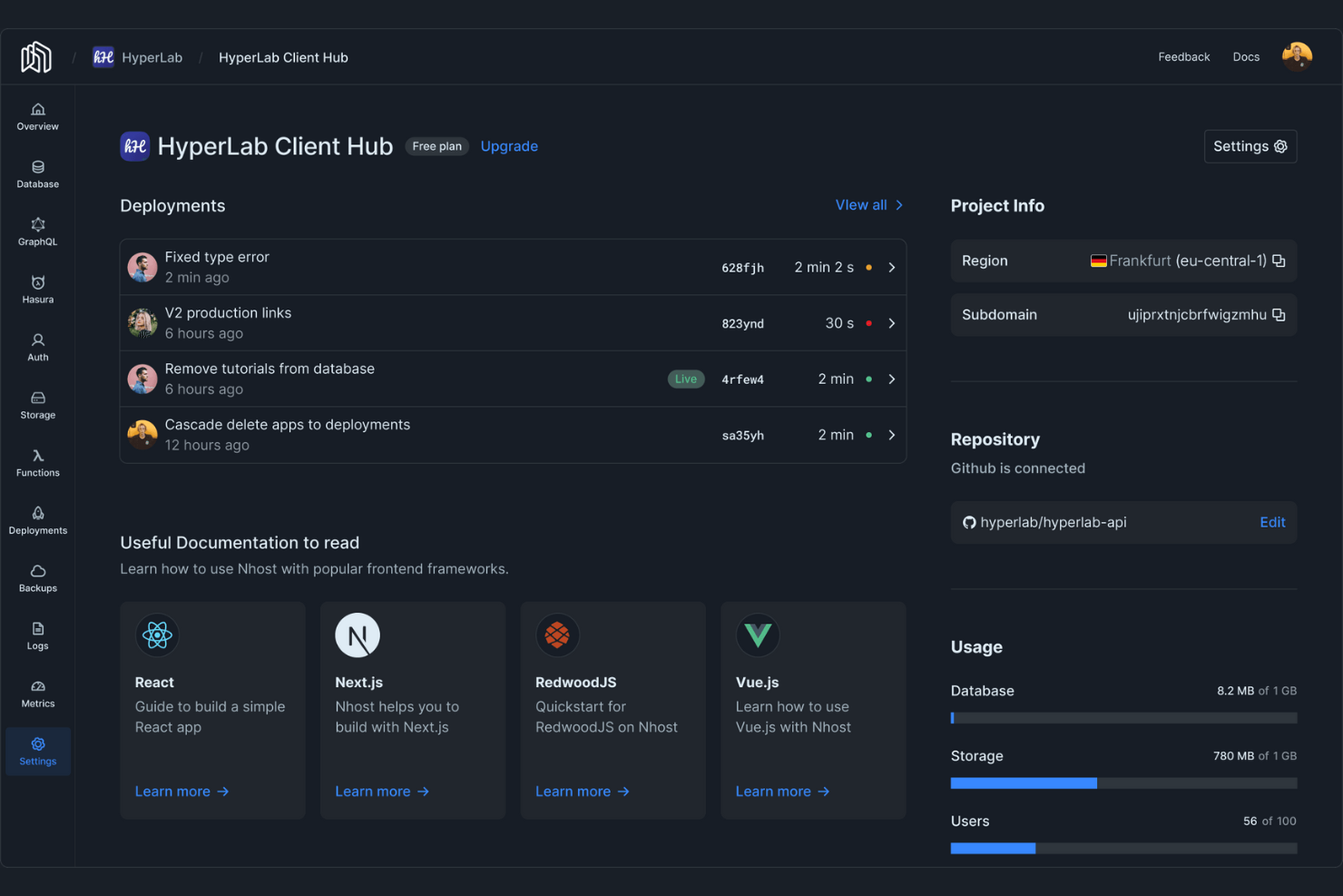Nhost screenshot - 18 meilleures alternatives à Firebase pour 2026