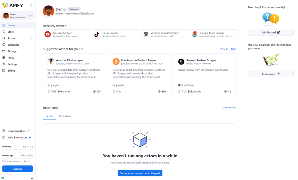 Apify screenshot - 10 Meilleurs Logiciels d’Automatisation des Processus Robotiques en 2026