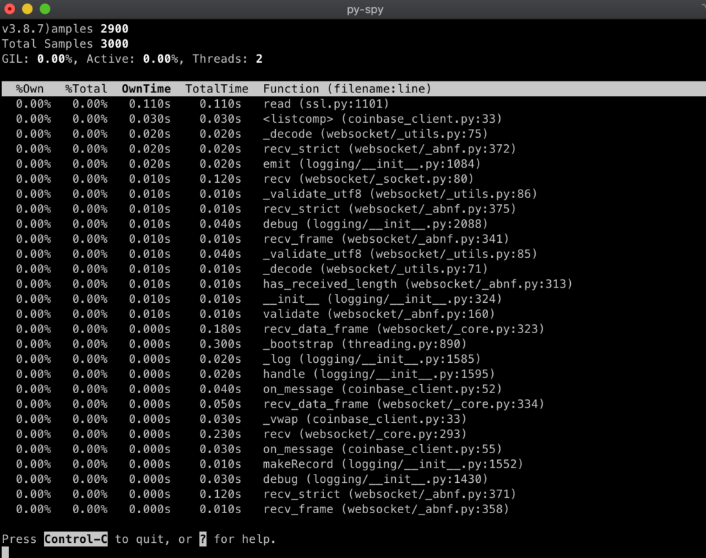 py-spy screenshot - 10 Meilleurs Outils de Profilage Pour Améliorer la Performance en 2026