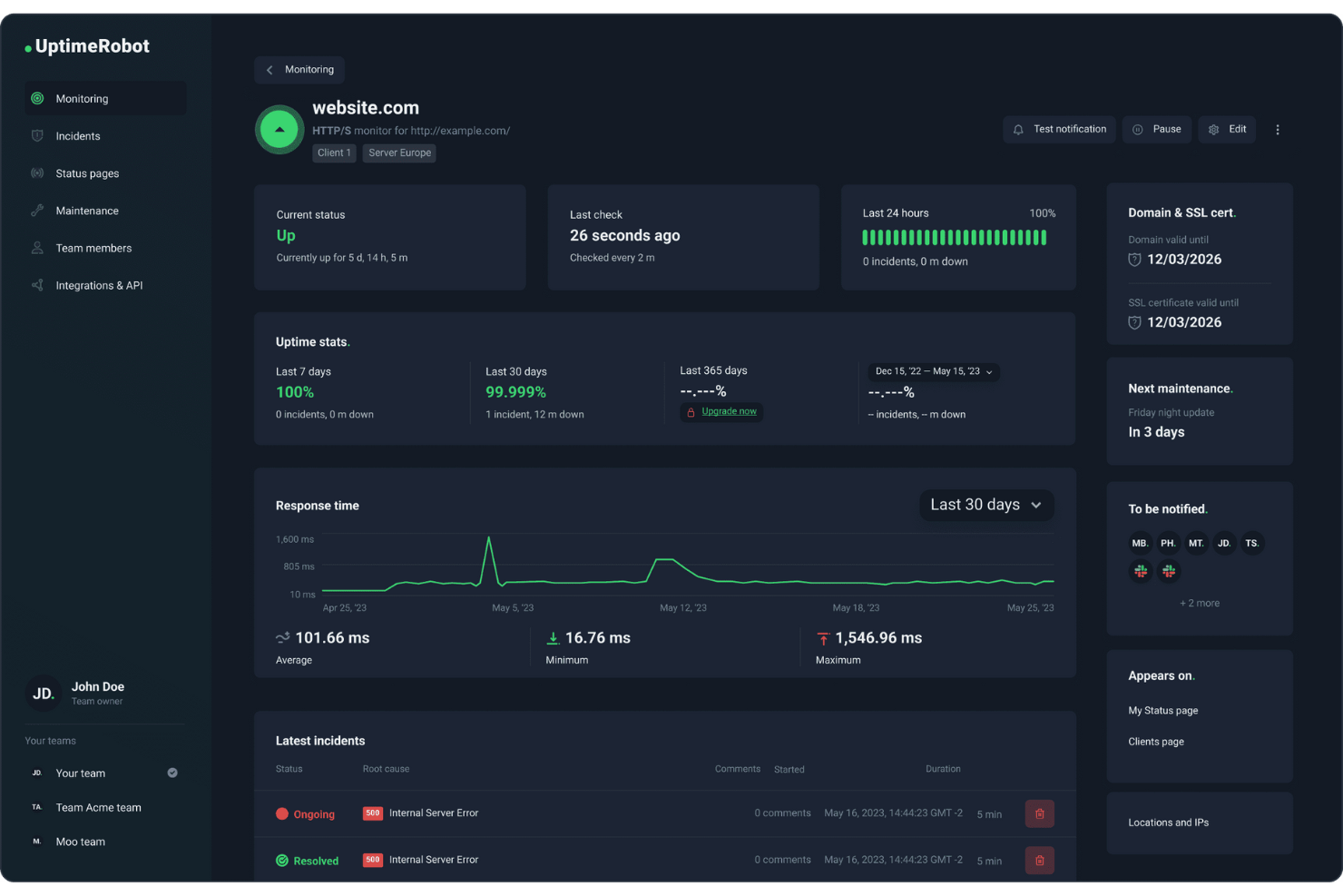 UptimeRobot screenshot - Top 1 des logiciels d’alerte informatique de 2026
