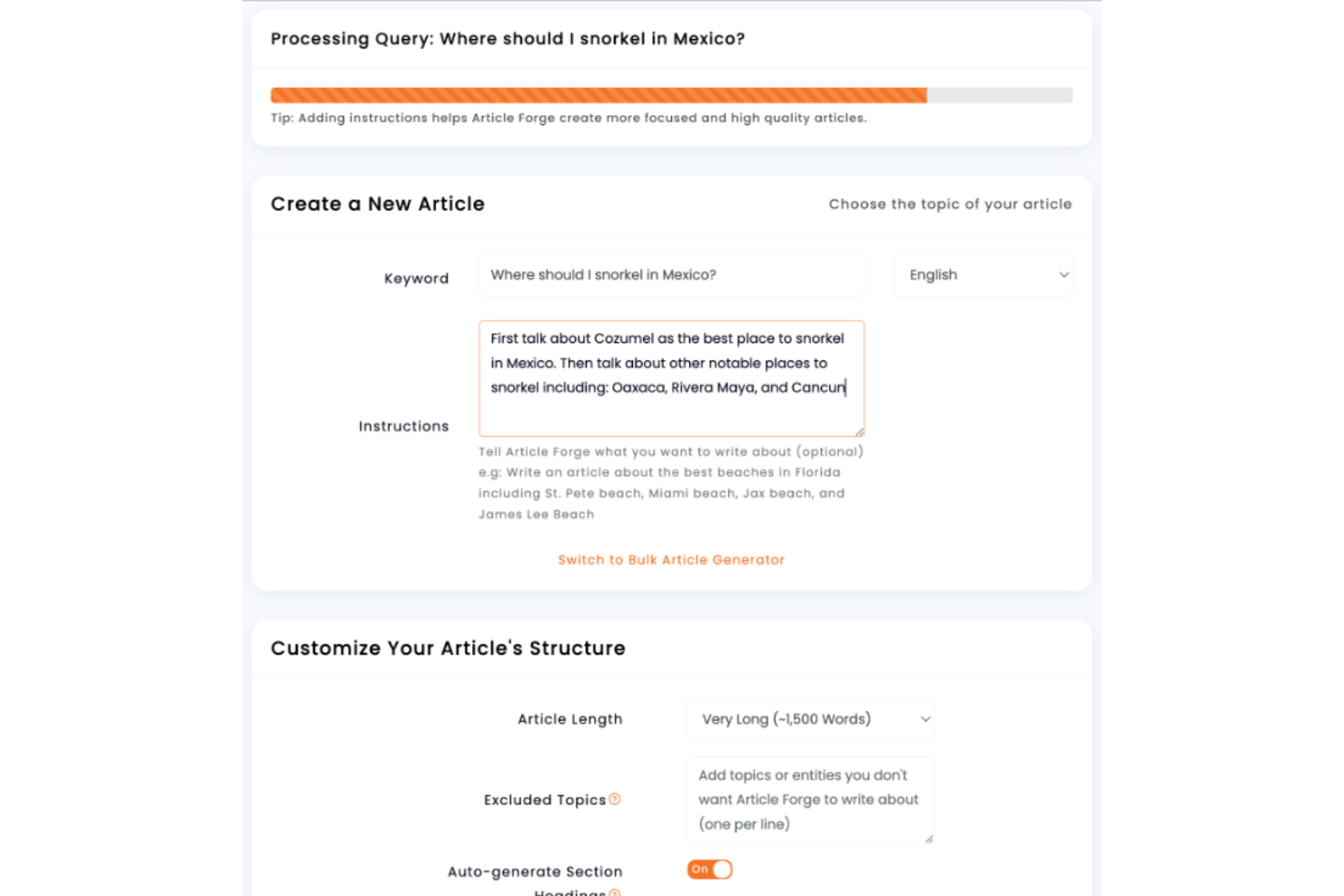 Article Forge screenshot - Die 10 besten Softwarelösungen zur natürlichen Sprachgenerierung 2026