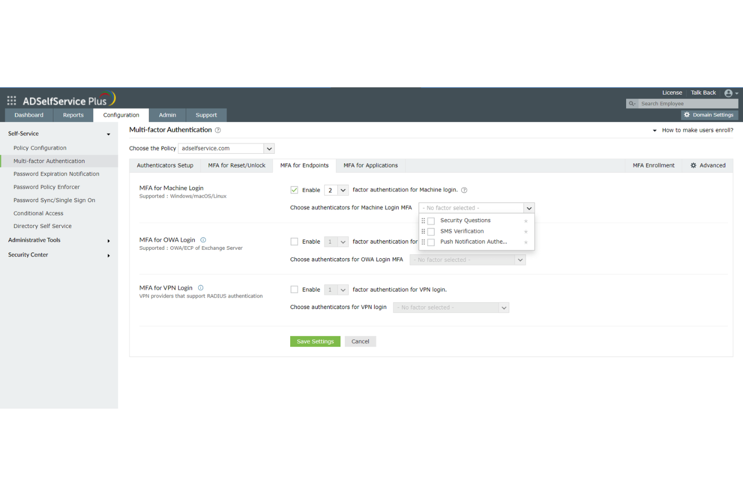 ManageEngine ADSelfService Plus screenshot - 10 beste Multi-Faktor-Authentifizierungssoftwares 2026