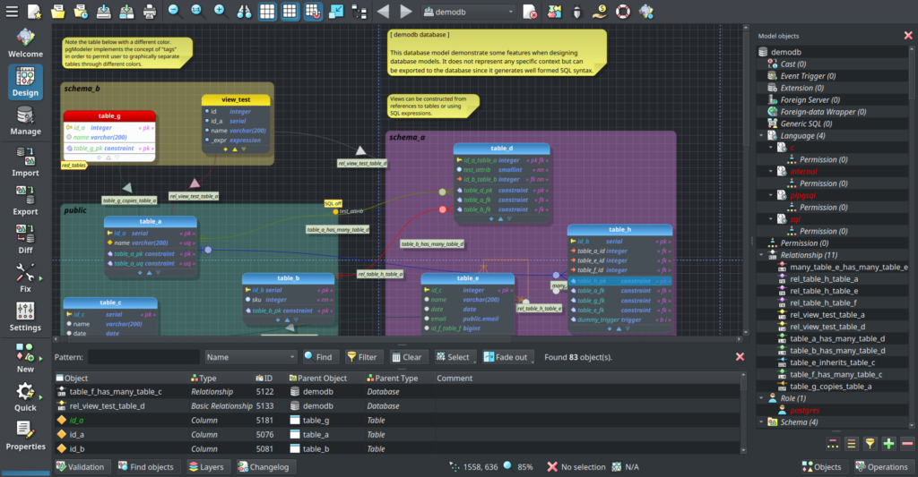 pgModeler screenshot - 10 meilleurs outils de conception de base de données évalués en 2026