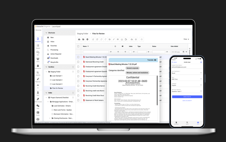 Datasite Diligence Virtual Data Room screenshot - 10 meilleurs logiciels de virtualisation de données pour 2026