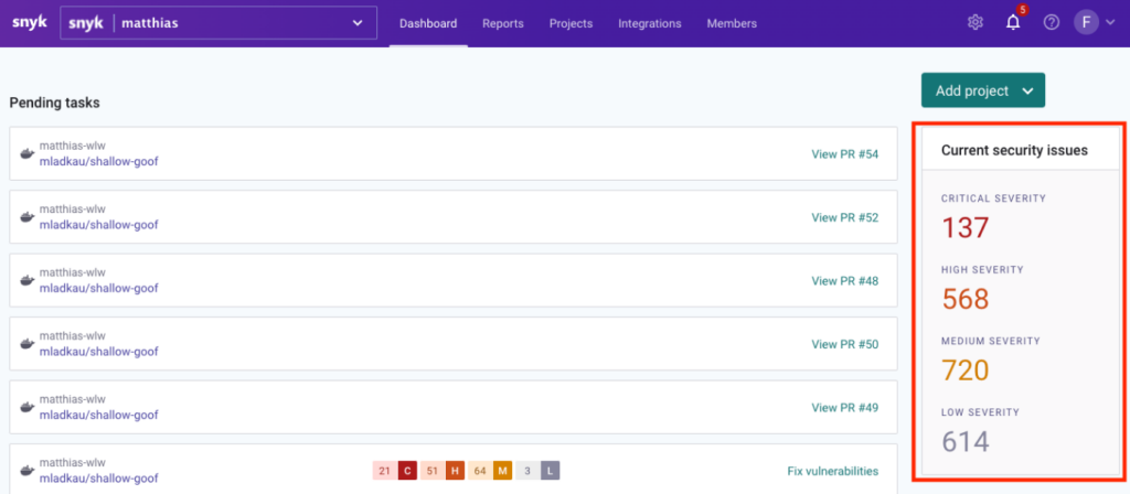Snyk screenshot - 10 Meilleures solutions de sécurité des conteneurs à connaître