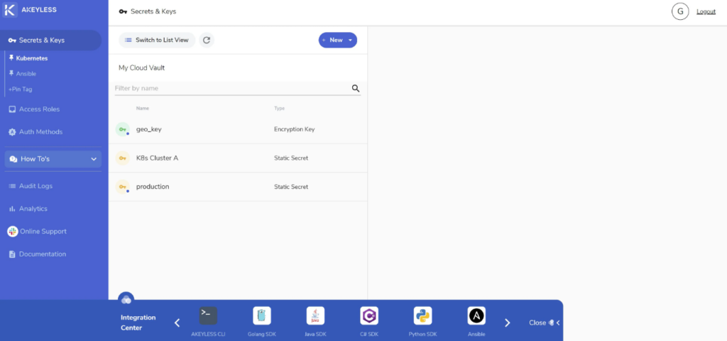 Akeyless Vault Platform screenshot - 10 meilleurs outils de gestion de clés de chiffrement à adopter en 2026