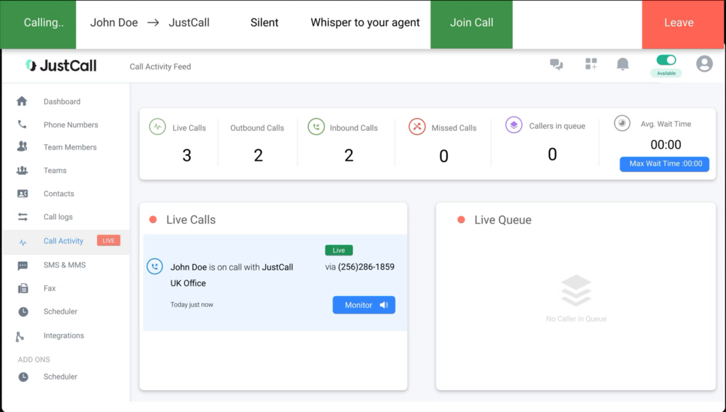 JustCall screenshot - 10 meilleures plateformes de communication cloud passées en revue en 2026