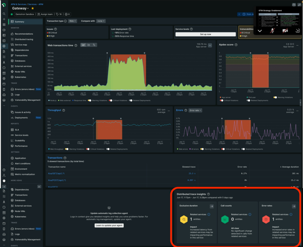 New Relic APM 360 screenshot - 10 meilleurs outils APM passés en revue en 2026