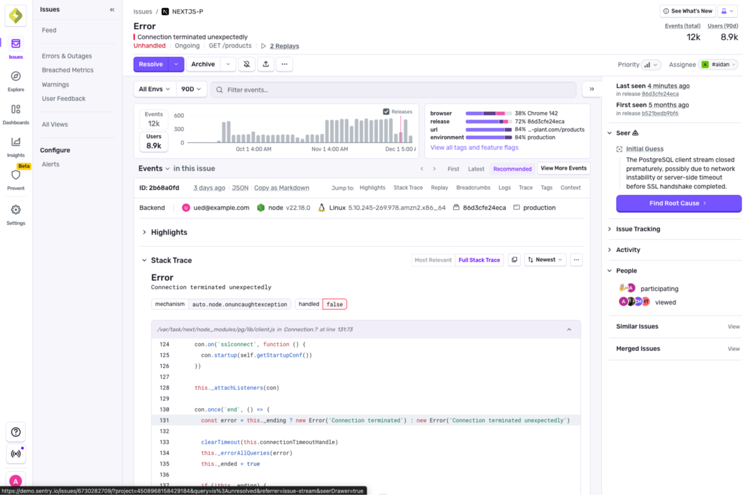Sentry screenshot - 10 meilleurs outils de débogage passés en revue en 2026