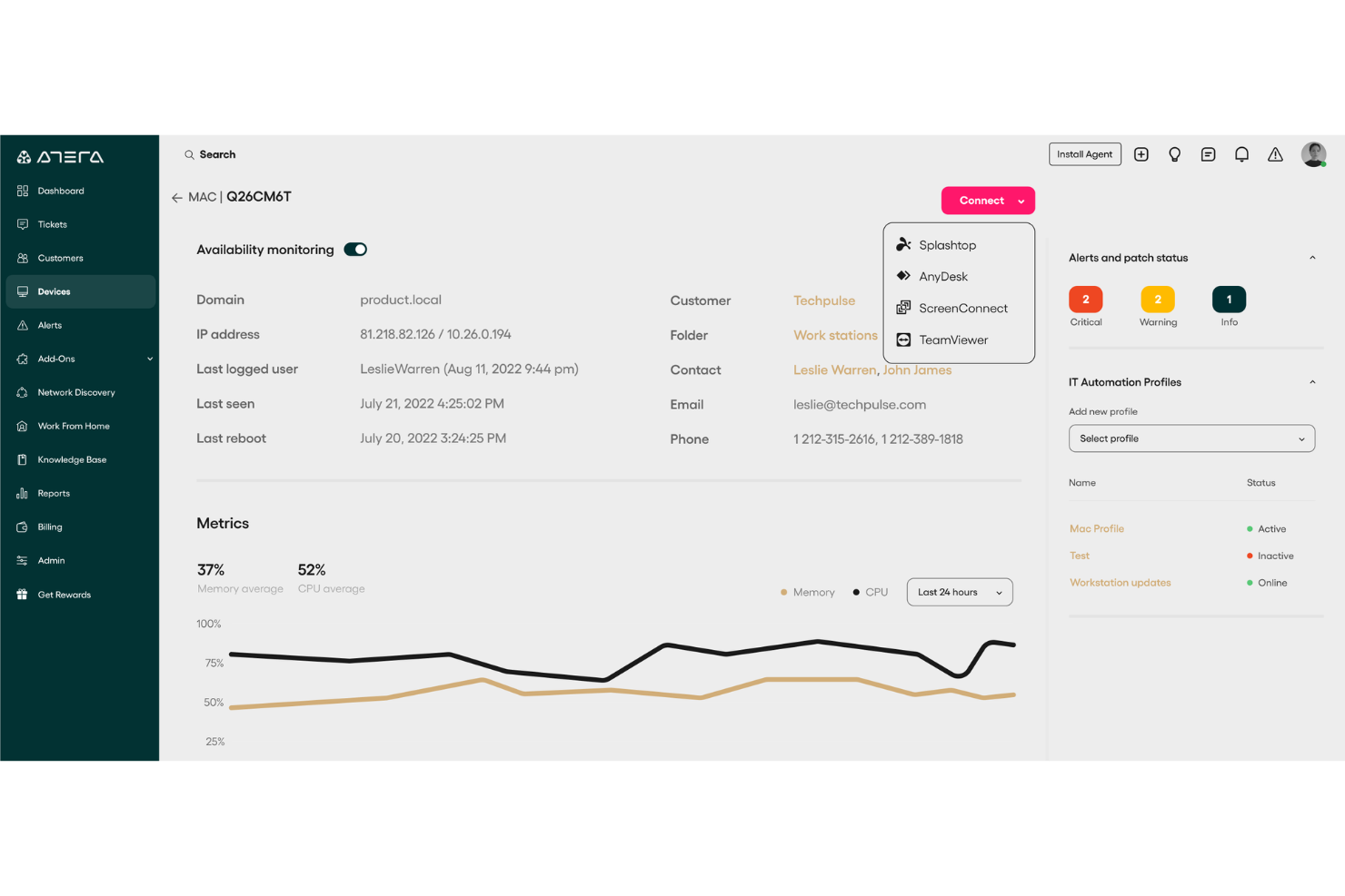 Atera screenshot - 10 beste MSP-Softwares 2026