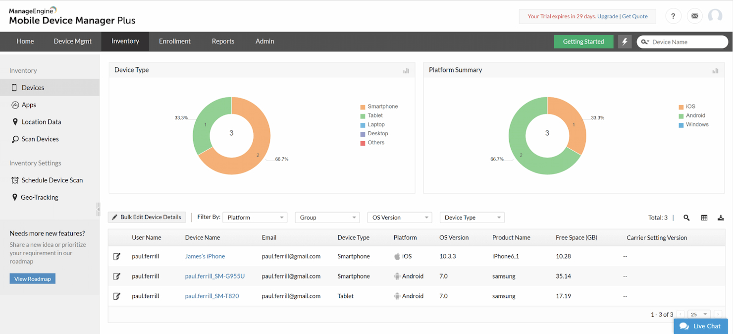 ManageEngine Mobile Device Manager Plus screenshot - 20 Meilleurs Logiciels de Gestion d’Actifs pour les Équipes Informatiques en 2026