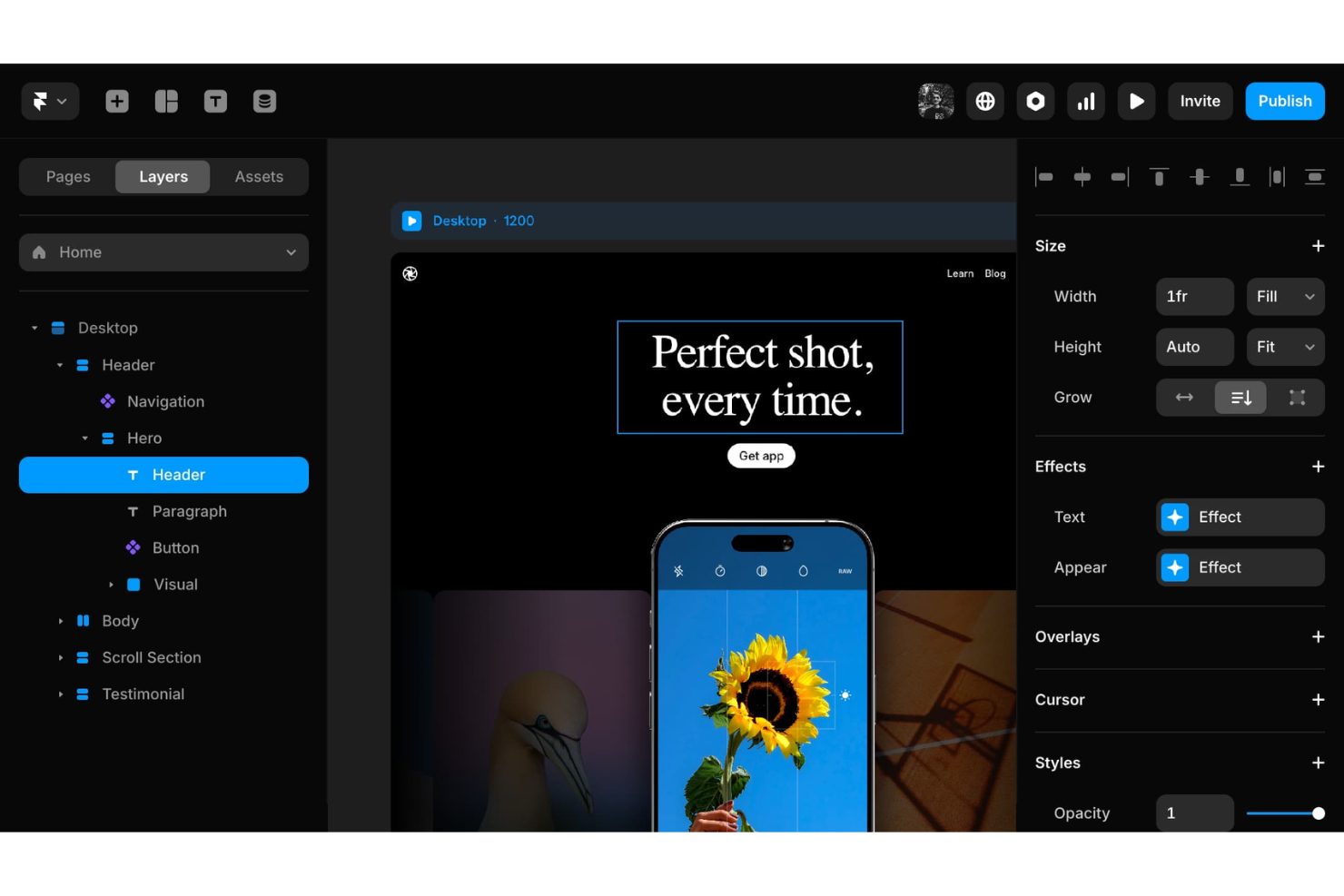 Framer screenshot - 12 beste Webentwicklungs-Tools im Test für 2026