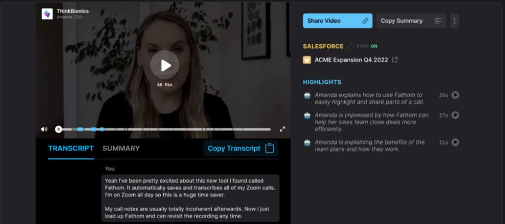 Fathom screenshot - 10 Meilleurs Logiciels d’Intelligence Conversationnelle en 2026