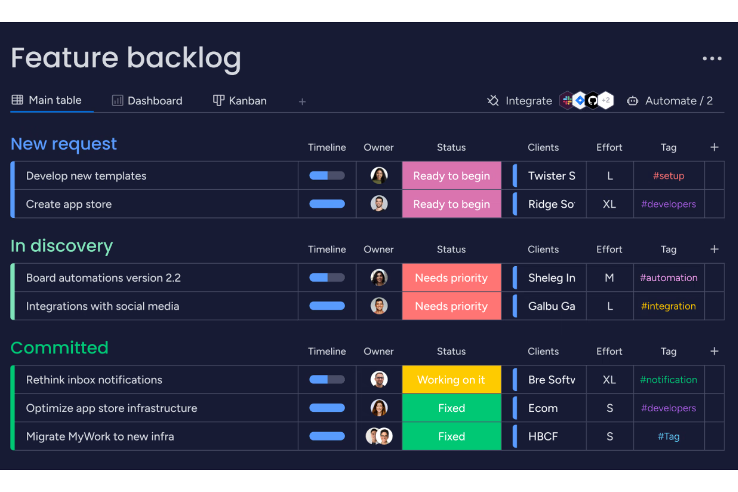 monday dev screenshot - Meilleurs outils de gestion du backlog passés en revue pour 2026