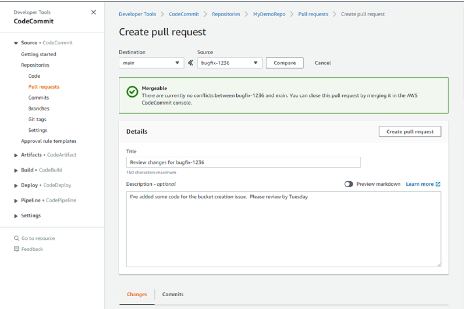 AWS CodeCommit screenshot - 10 Beste Versionskontroll-Tools im Test für 2026