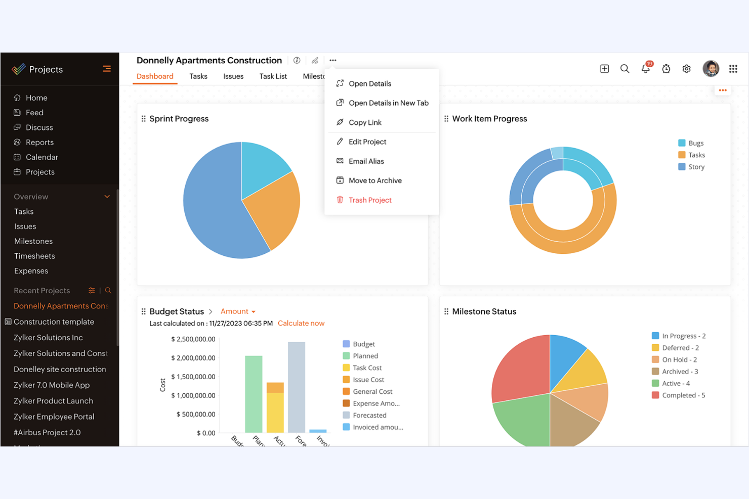 Zoho Projects screenshot - 10 Meilleures Alternatives à Asana Passées en Revue en 2026