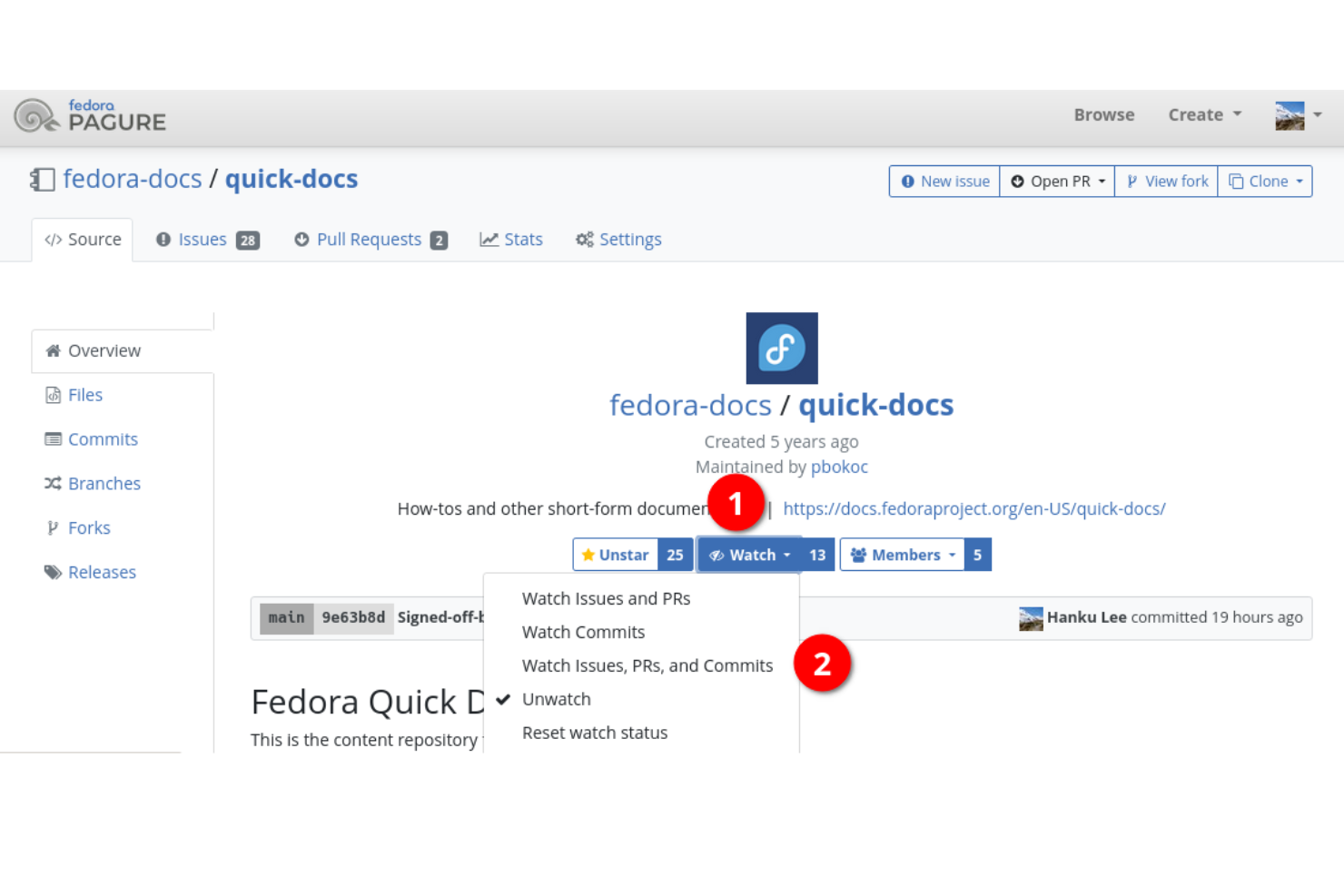 Pagure screenshot - 10 meilleures alternatives à GitHub évaluées en 2026
