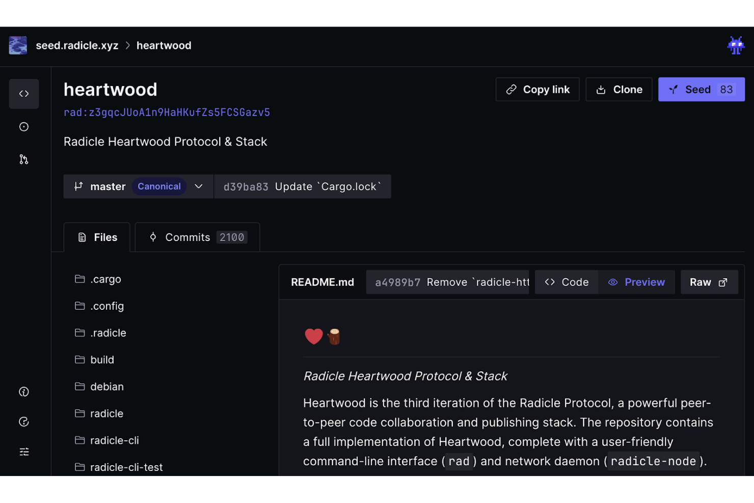Radicle screenshot - J’ai testé 17 alternatives à Git : mes meilleurs choix pour 2026