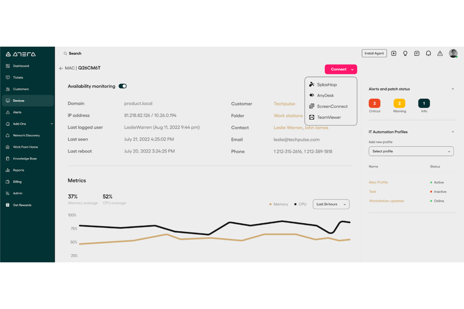 Atera Networks screenshot - 10 Meilleures Alternatives à New Relic Passées en Revue en 2026