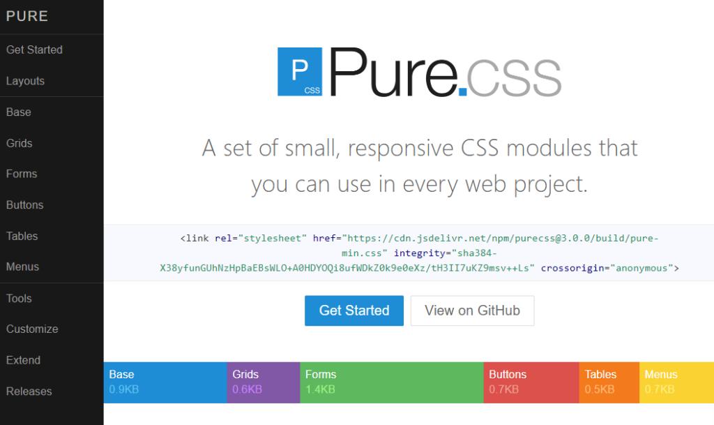 Pure.css screenshot - 10 meilleures alternatives à Bootstrap analysées en 2026