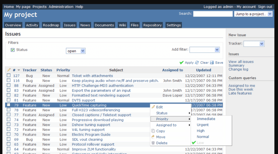 Redmine screenshot - 10 Meilleures Alternatives à Jira Passées en Revue en 2026