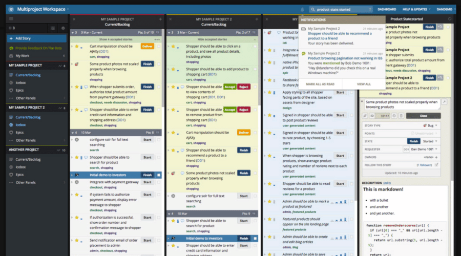 Pivotal Tracker screenshot - 10 Meilleures Alternatives à Jira Passées en Revue en 2026
