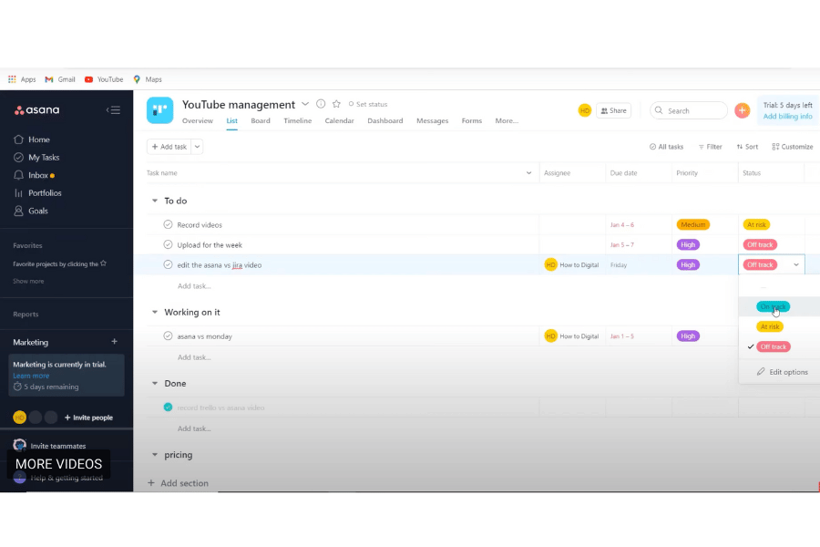 Asana screenshot - 10 Meilleures Alternatives à Jira Passées en Revue en 2026