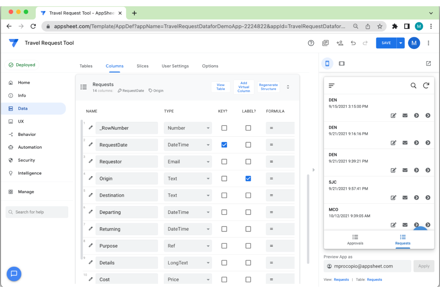 Google AppSheet screenshot - 10 migliori alternative a Microsoft Access per il 2026