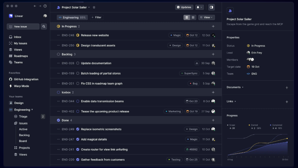 Linear screenshot - I 10 Migliori Strumenti di Monitoraggio per lo Sviluppo Software nel 2026