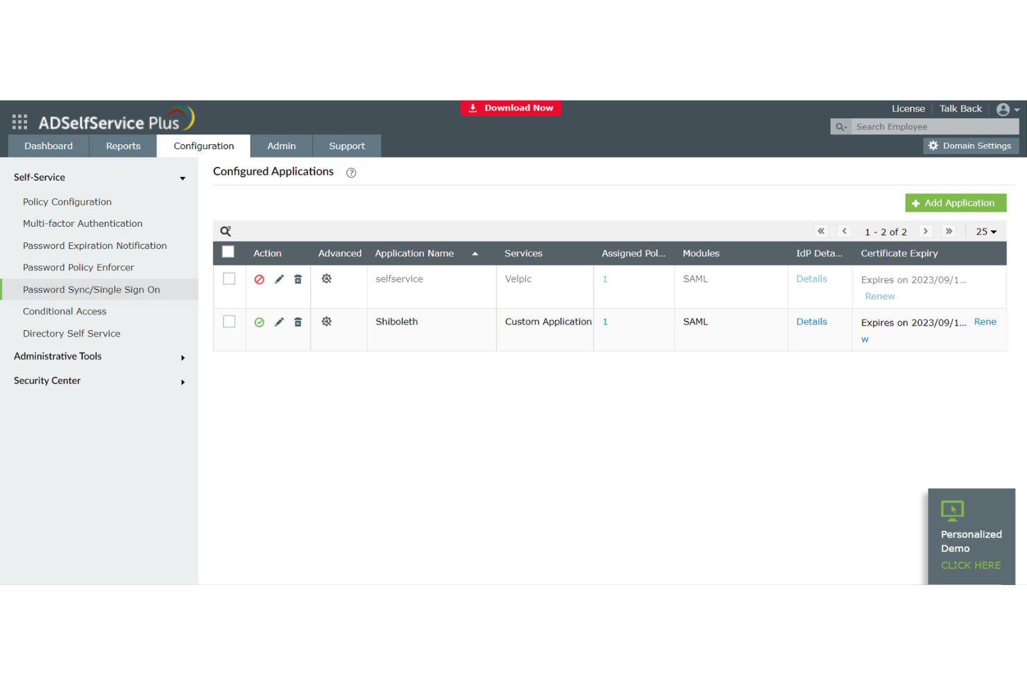 ManageEngine ADSelfService Plus screenshot - Accesso Semplificato: Elenco delle 10 Migliori Soluzioni di Single Sign-On del 2026