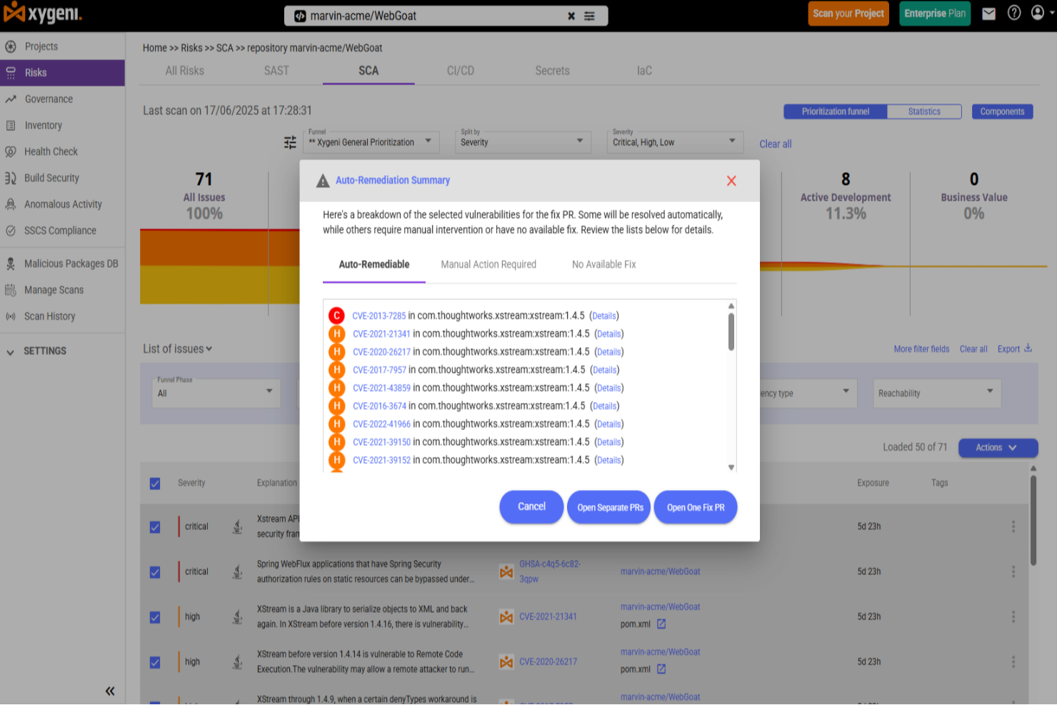 Xygeni screenshot - Le 10 migliori soluzioni di analisi della composizione del software del 2026