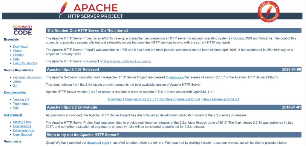 Apache HTTP Server screenshot - Le 10 migliori applicazioni server software per sviluppatori nel 2026