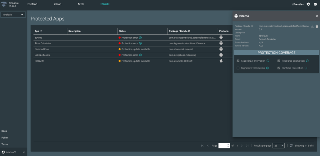 Zimperium Mobile Application Protection Suite (MAPS) screenshot - I 10 migliori software per la sicurezza delle applicazioni nel 2026