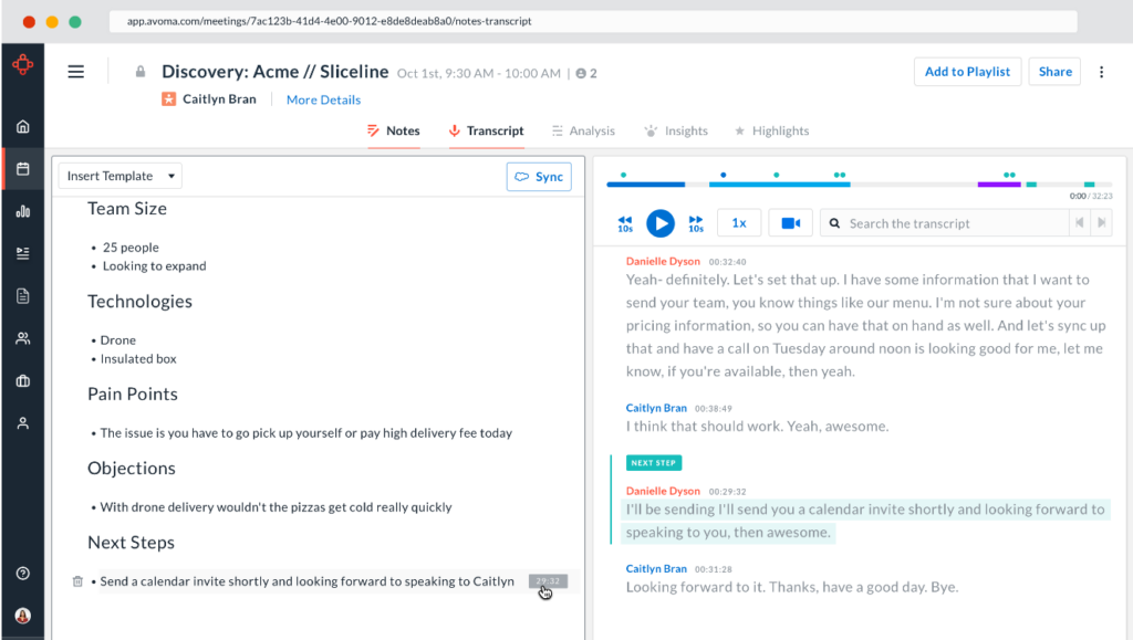 Avoma screenshot - I 10 migliori software di intelligenza conversazionale nel 2026