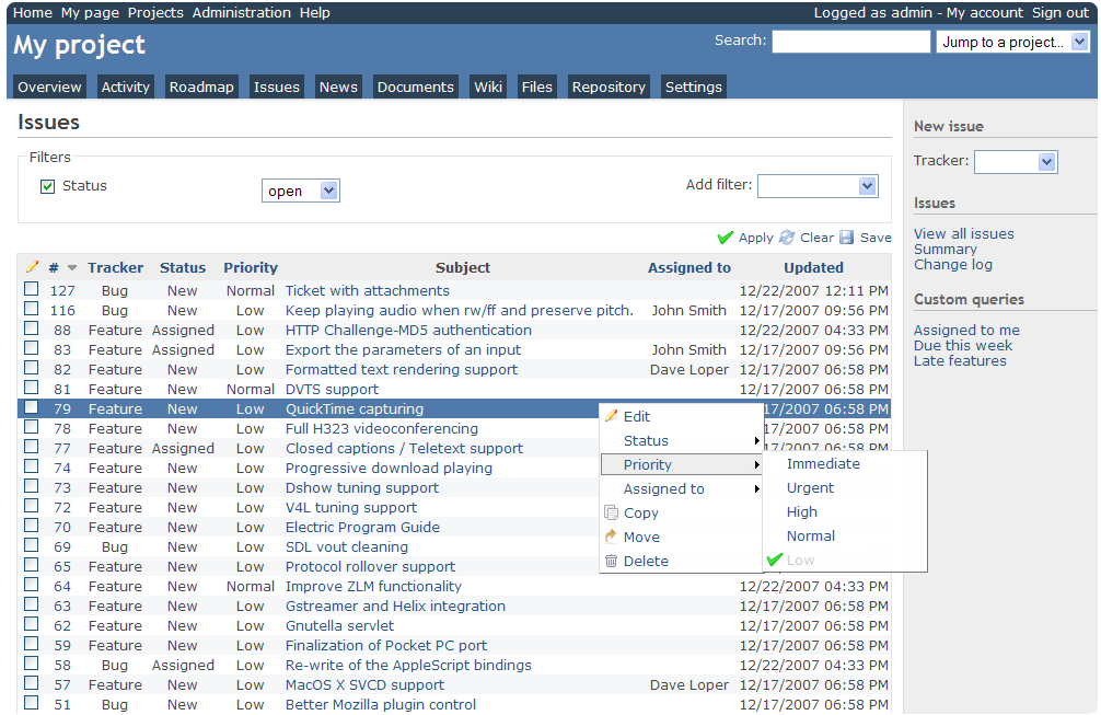 Redmine screenshot - I migliori strumenti per la gestione del backlog recensiti per il 2026