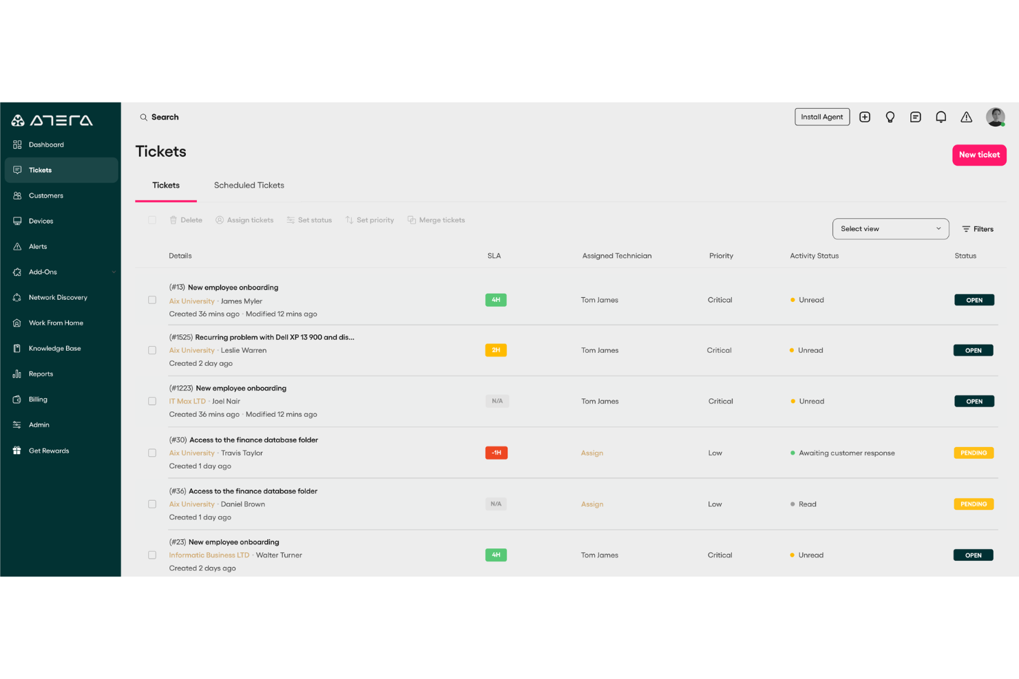 Atera screenshot - I 10 migliori software per la segnalazione degli incidenti del 2026