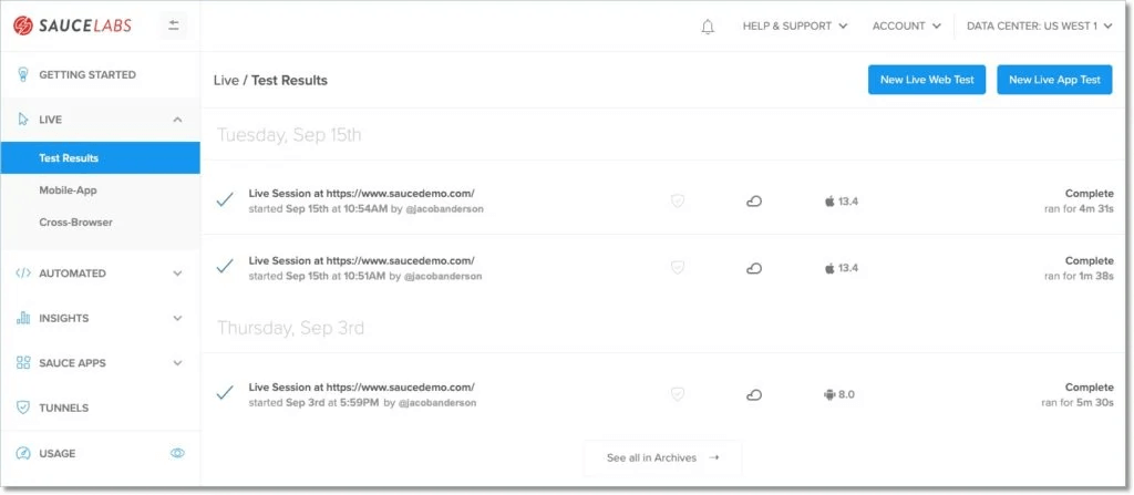 Sauce Labs screenshot - Le 10 Migliori Strumenti per il Test Cross-Browser Recensiti nel 2026
