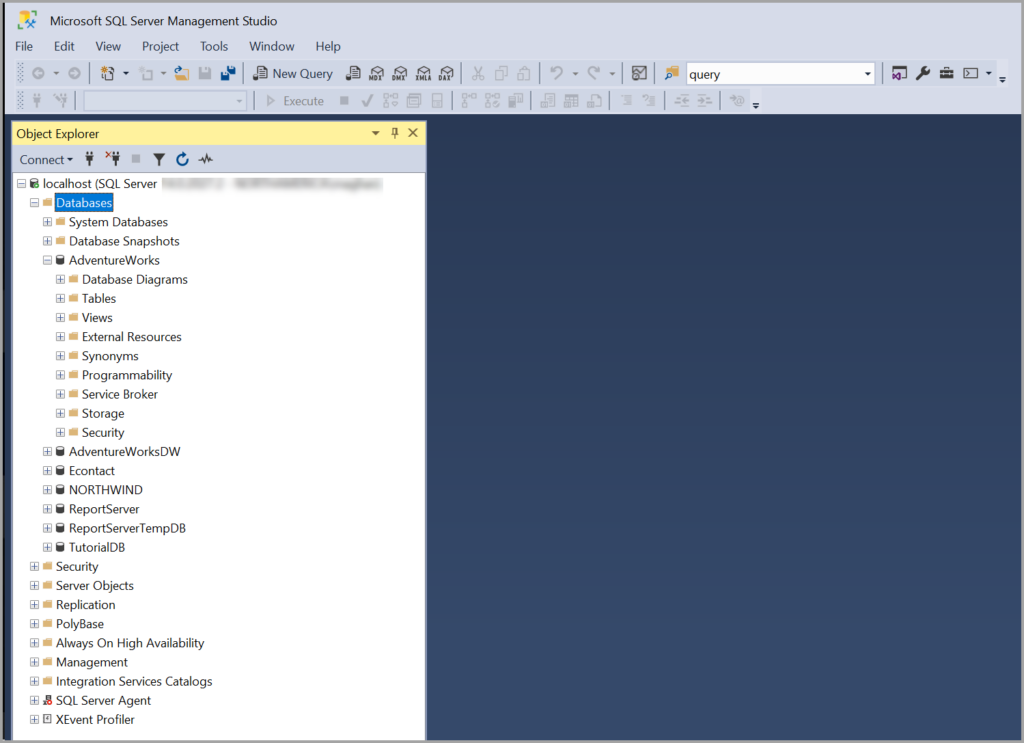 Microsoft SQL Server Management Studio (SSMS) screenshot - I 10 migliori editor SQL recensiti nel 2026