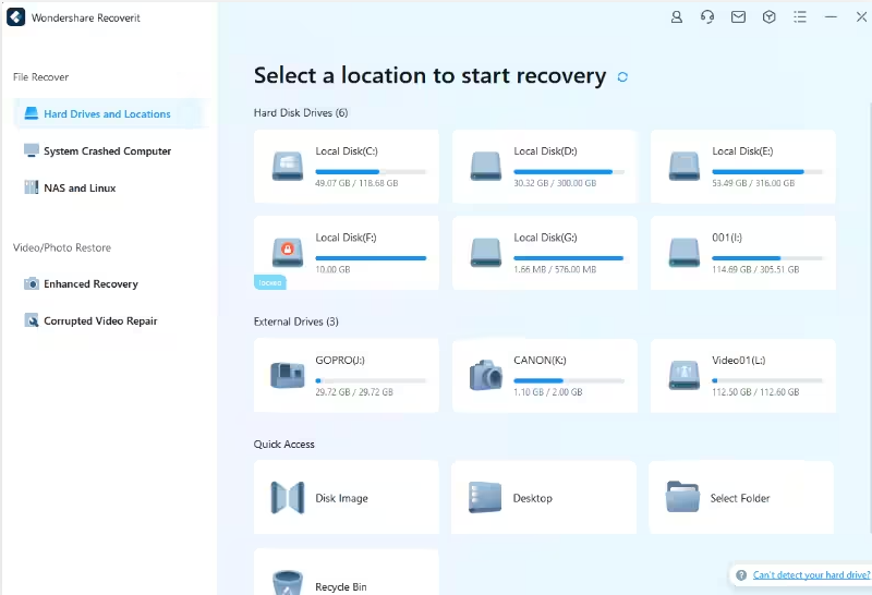 Wondershare Recoverit screenshot - Le 10 Migliori Soluzioni di Recupero File del 2026 Svelate