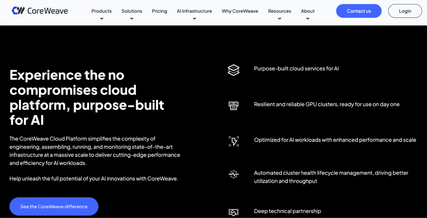 CoreWeave screenshot - Los 10 Mejores Proveedores de Servicios Gestionados en la Nube Analizados en 2026