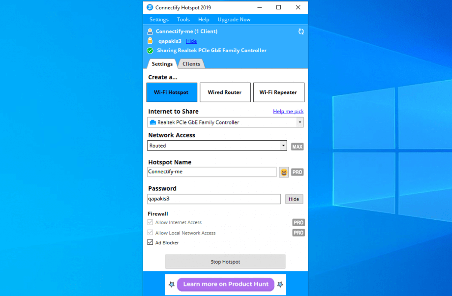 Connectify HotSpot screenshot - Los 10 mejores enrutadores virtuales analizados en 2026