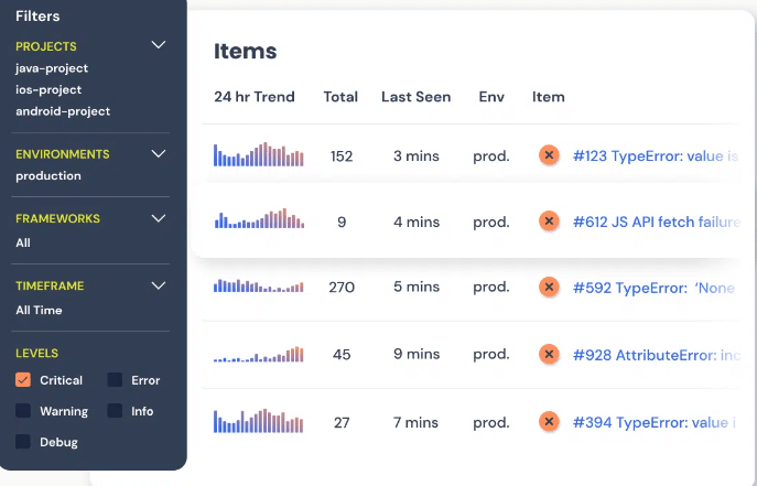 Rollbar screenshot - 10 Mejores Herramientas de Reporte de Errores de Aplicaciones Móviles Analizadas en 2026
