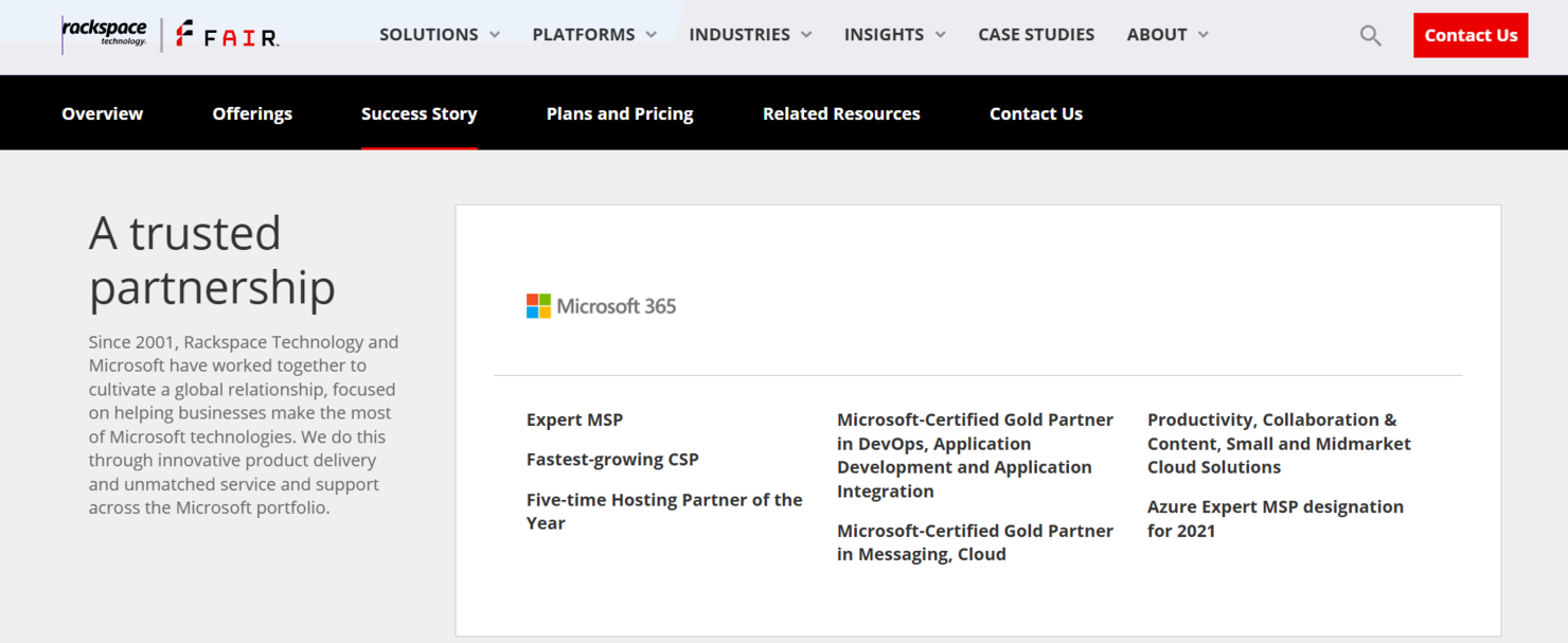 Rackspace screenshot - Los 10 mejores proveedores de servicios gestionados de Office 365 analizados en 2026