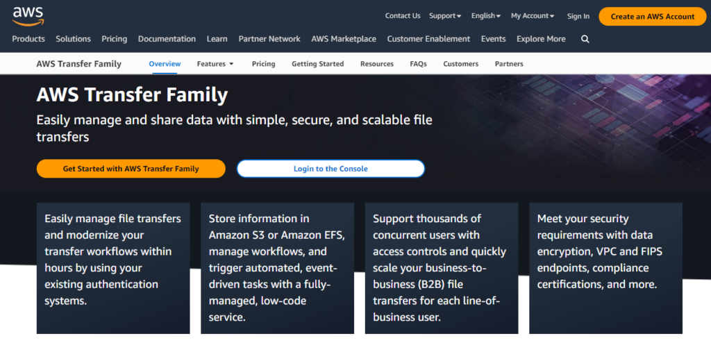 AWS Transfer Family screenshot - 10 Mejores Programas de Gestión de Transferencia de Archivos Analizados en 2026
