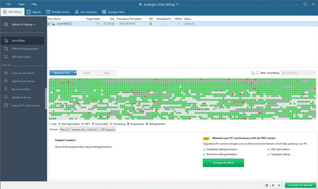 Auslogics Disk Defrag screenshot - Ahorradores de Espacio: Los 10 Mejores Programas de Limpieza de Disco de 2026