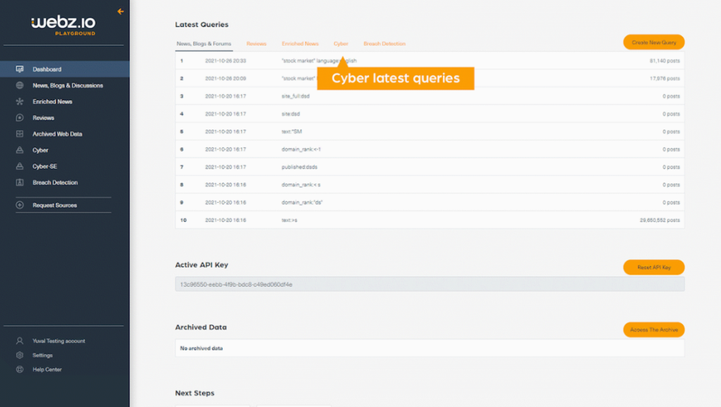 Webz.io screenshot - Descubre Las 10 Mejores Herramientas de Monitoreo de la Web Oscura Hoy