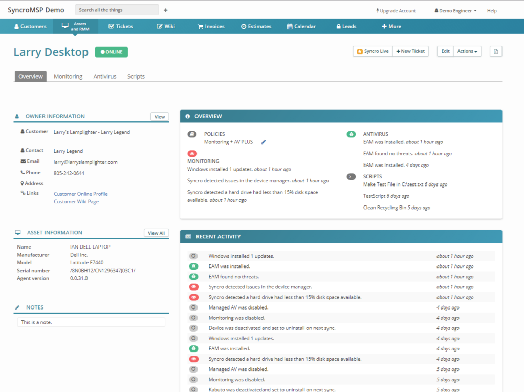 Syncro screenshot - Las 10 mejores alternativas a ConnectWise PSA revisadas en 2026