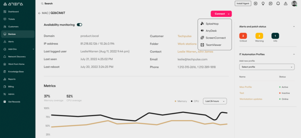 Atera screenshot - 10 Mejores Alternativas a ConnectWise Analizadas en 2026