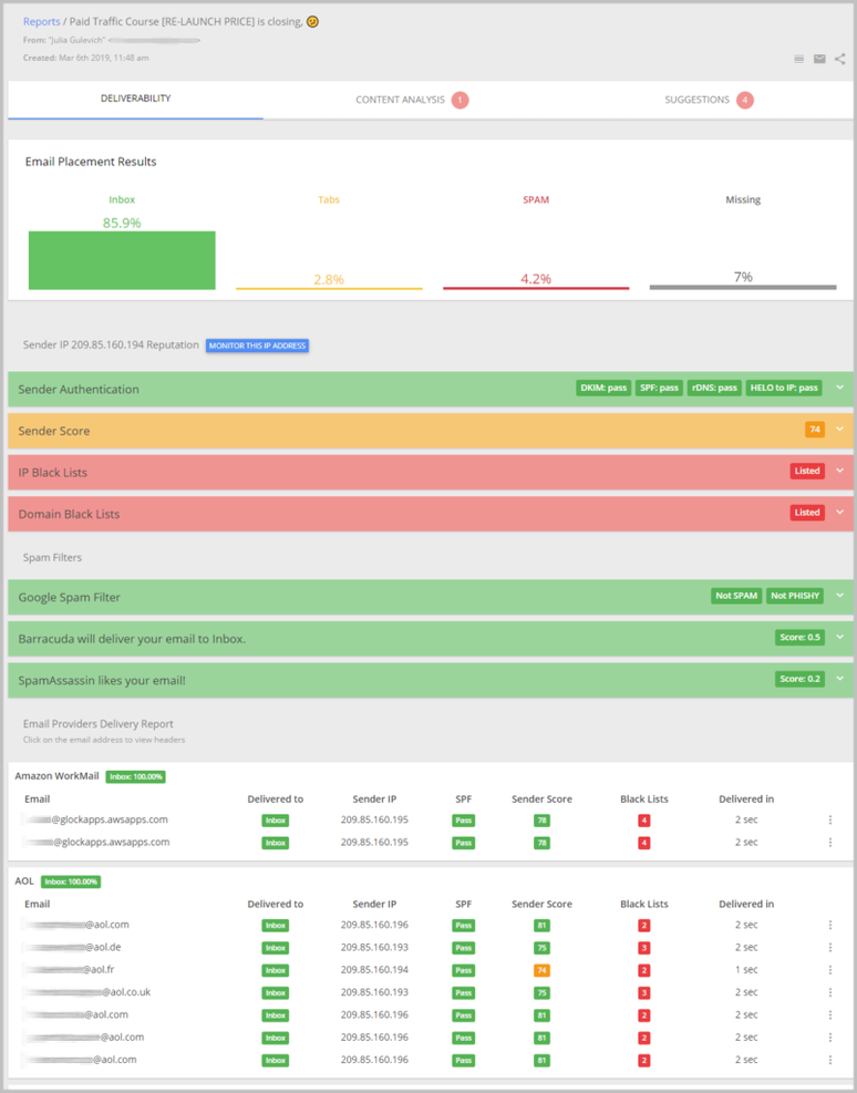 GlockApps screenshot - 10 Mejores Herramientas de Pruebas de Correo Electrónico para una Entrega Optimizada en 2026